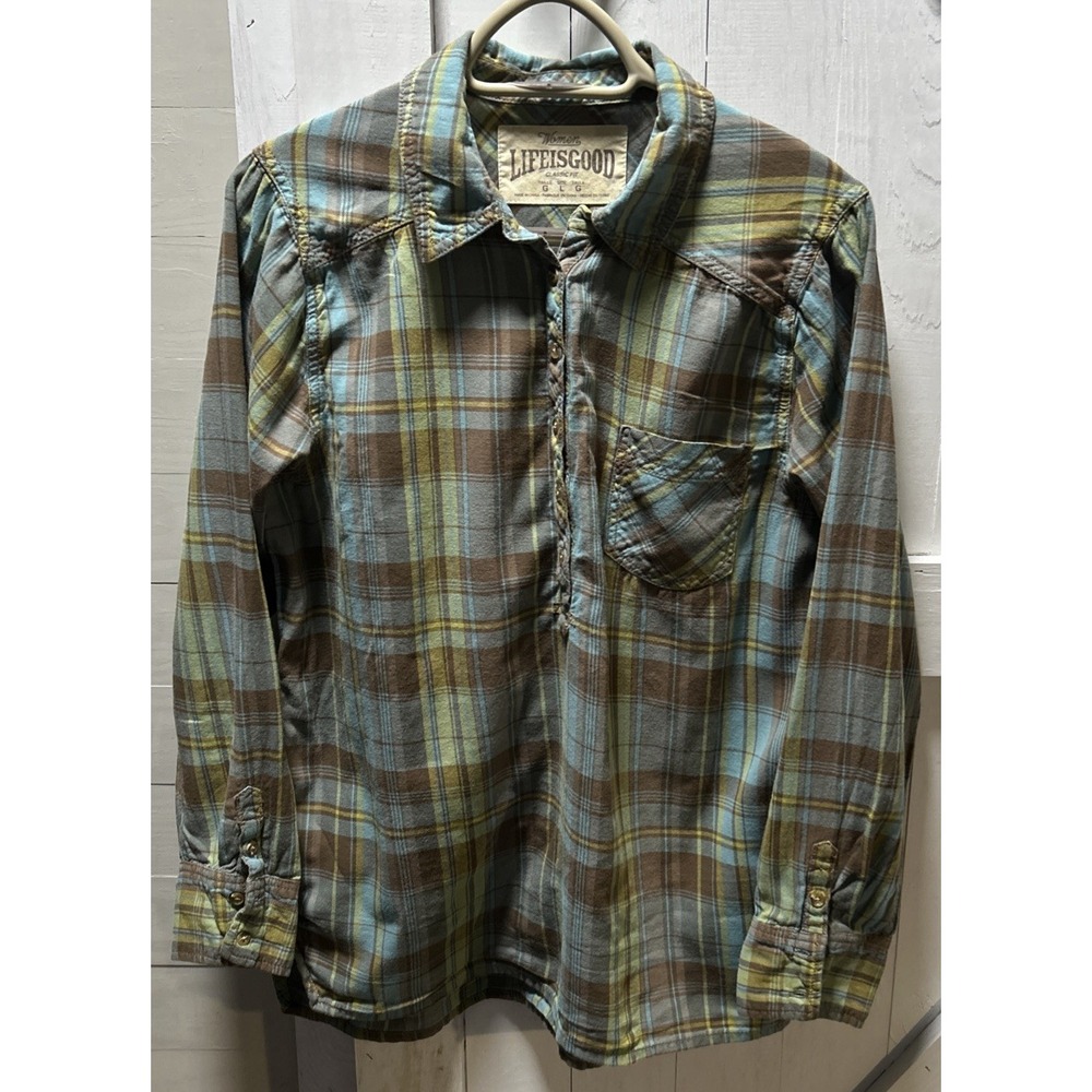 Life Is Good Women's Large 1/2 Button Plaid Shirt Classic Fit